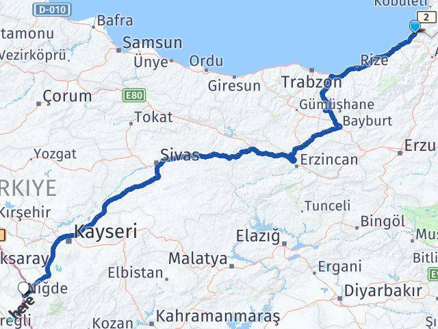 Artvin Kemalpaşa Niğde Arası Kaç Km - Yol Haritası