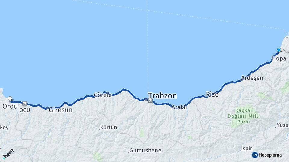 Artvin Kemalpaşa Ordu Arası Kaç Km - Yol Haritası