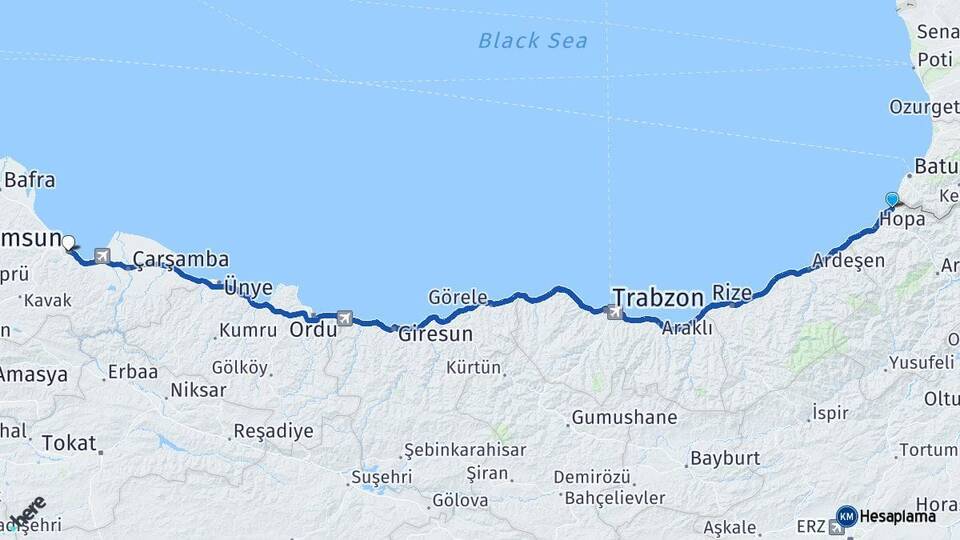 Artvin Kemalpaşa Samsun Arası Kaç Km - Yol Haritası
