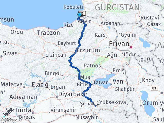 Artvin Kemalpaşa Şırnak Arası Kaç Km - Yol Haritası