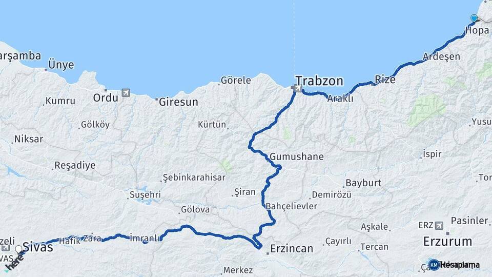 Artvin Kemalpaşa Sivas Arası Kaç Km - Yol Haritası