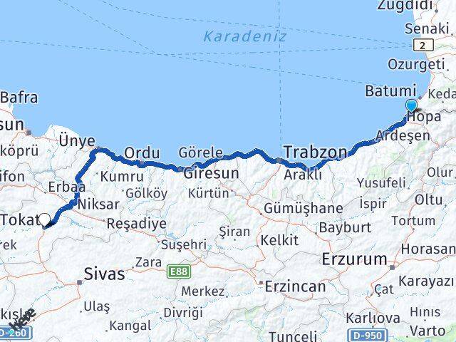 Artvin Kemalpaşa Tokat Arası Kaç Km - Yol Haritası