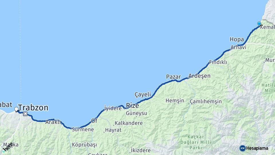 Artvin Kemalpaşa Trabzon Arası Kaç Km - Yol Haritası