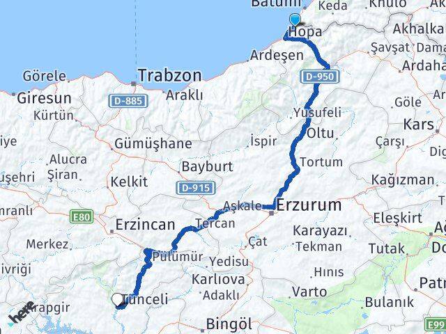 Artvin Kemalpaşa Tunceli Arası Kaç Km - Yol Haritası