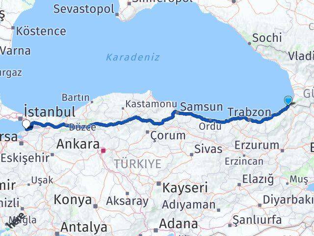Artvin Kemalpaşa Yalova Arası Kaç Km - Yol Haritası