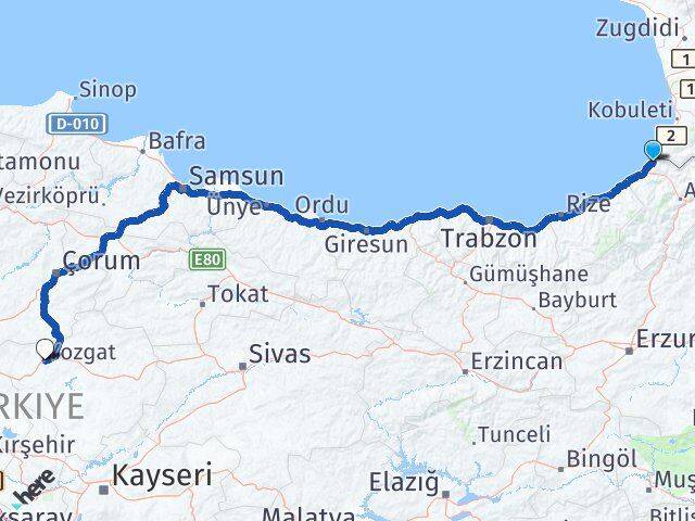 Artvin Kemalpaşa Yozgat Arası Kaç Km - Yol Haritası