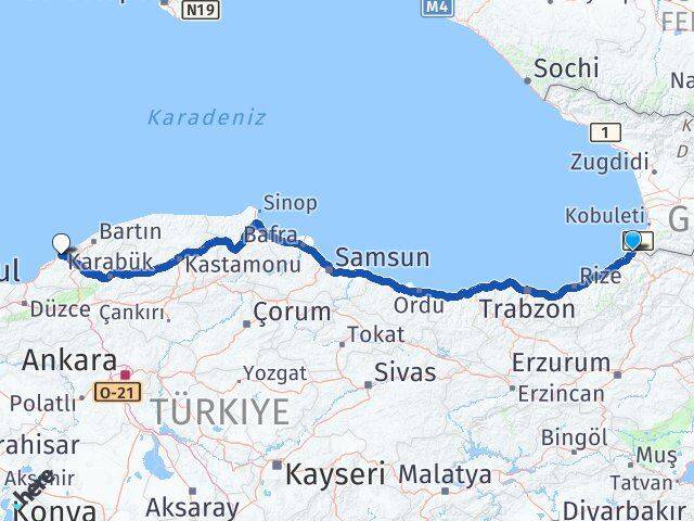 Artvin Kemalpaşa Zonguldak Arası Kaç Km - Yol Haritası