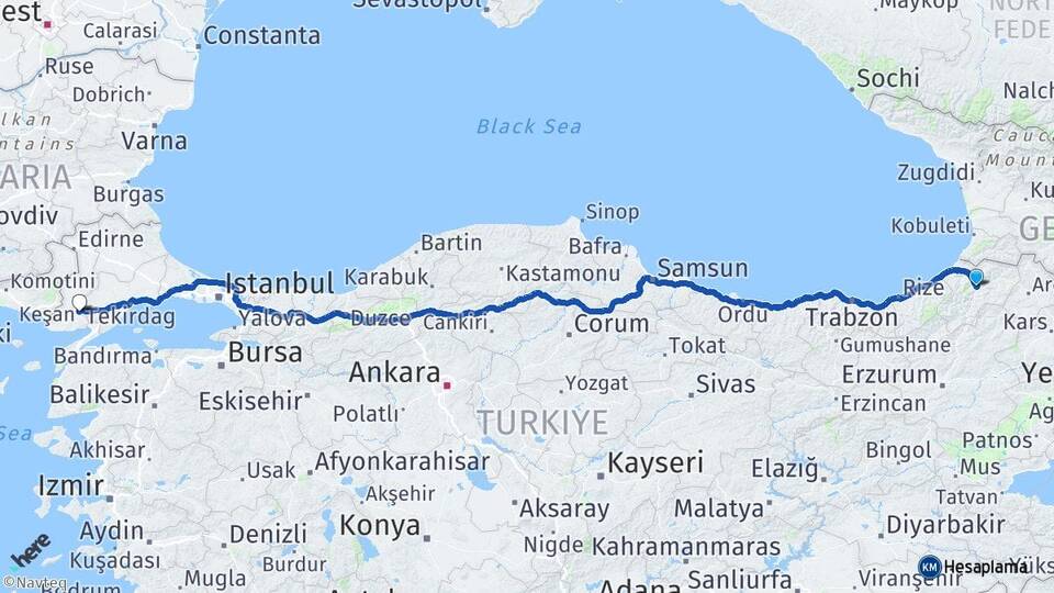 Artvin Keşan Edirne Arası Kaç Km - Yol Haritası