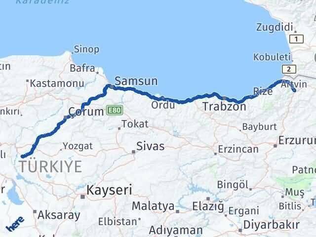 Artvin Keskin Kırıkkale Arası Kaç Km - Yol Haritası