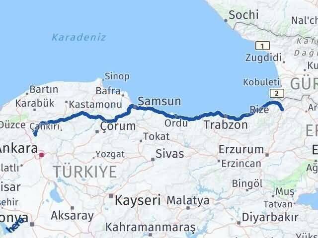 Artvin Kızılcahamam Ankara Arası Kaç Km - Yol Haritası