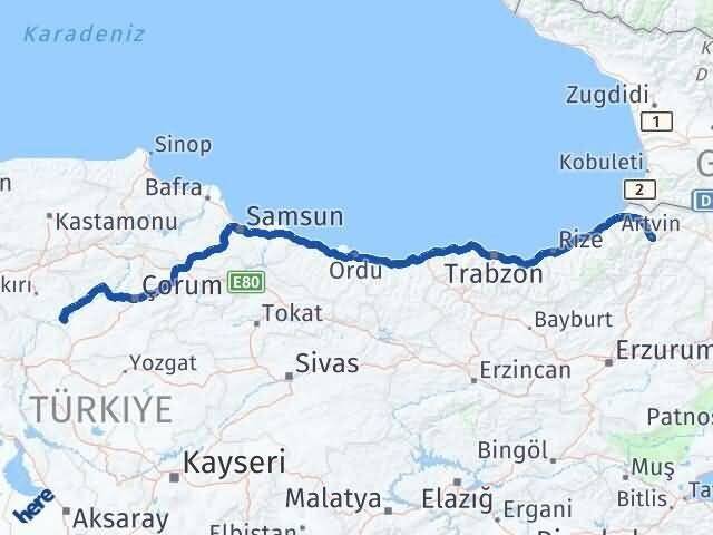 Artvin Kızılırmak Çankırı Arası Kaç Km - Yol Haritası