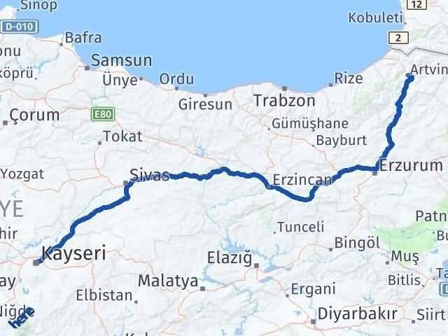 Artvin Kocasinan Kayseri Arası Kaç Km - Yol Haritası