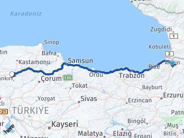 Artvin Korgun Çankırı Arası Kaç Km - Yol Haritası