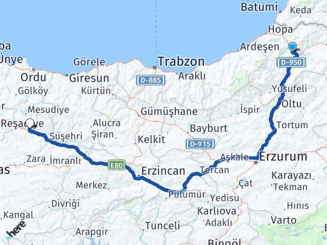 Artvin Koyulhisar Sivas Arası Kaç Km - Yol Haritası