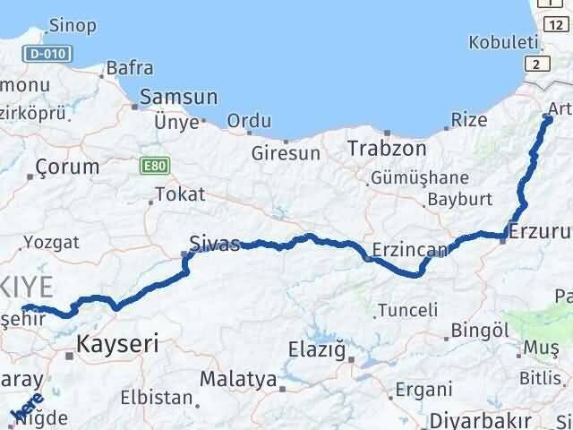 Artvin Kozaklı Nevşehir Arası Kaç Km - Yol Haritası