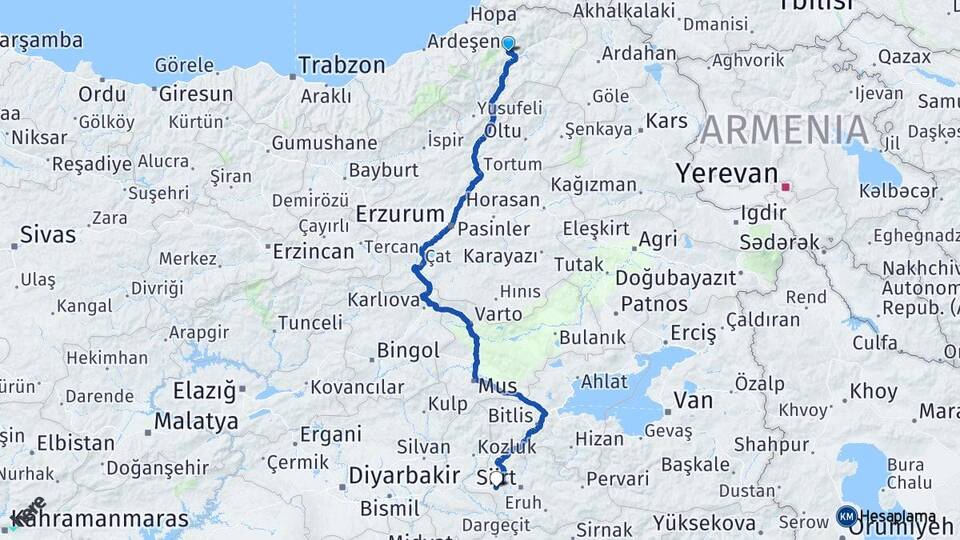 Artvin Kurtalan Siirt Arası Kaç Km - Yol Haritası