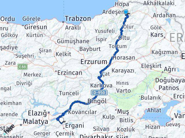 Artvin Maden Elazığ Arası Kaç Km - Yol Haritası