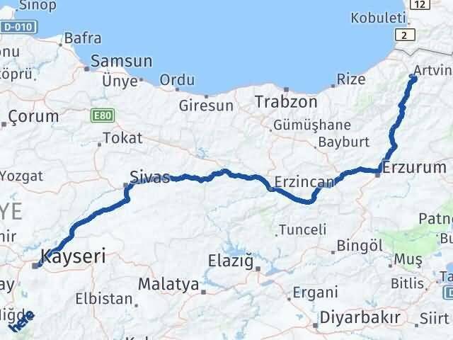 Artvin Melikgazi Kayseri Arası Kaç Km - Yol Haritası