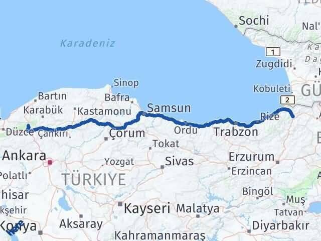 Artvin Mengen Bolu Arası Kaç Km - Yol Haritası