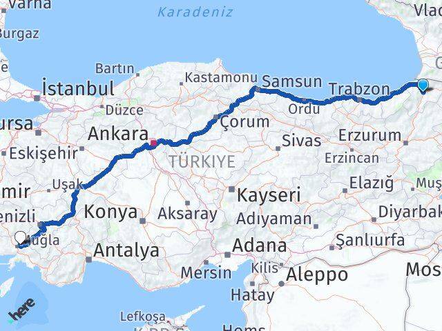 Artvin Menteşe Muğla Arası Kaç Km - Yol Haritası