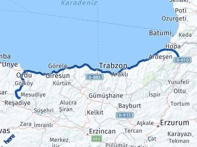 Artvin Mesudiye Ordu Arası Kaç Km - Yol Haritası