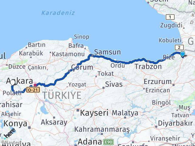 Artvin Mihalıççık Eskişehir Arası Kaç Km - Yol Haritası