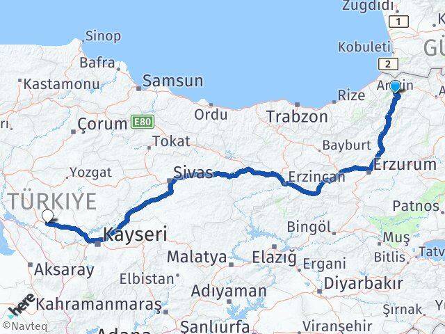 Artvin Mucur Kırşehir Arası Kaç Km - Yol Haritası