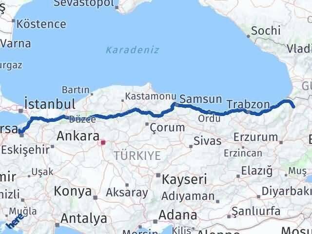 Artvin Mudanya Bursa Arası Kaç Km - Yol Haritası