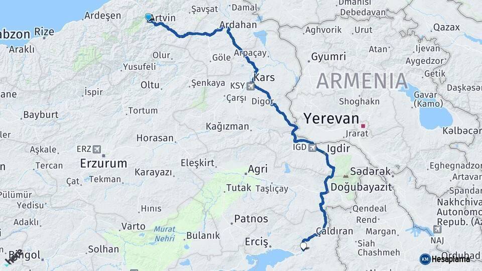 Artvin Muradiye Van Arası Kaç Km - Yol Haritası