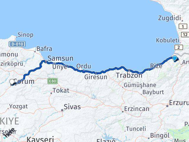 Artvin Murgul Çorum Arası Kaç Km - Yol Haritası