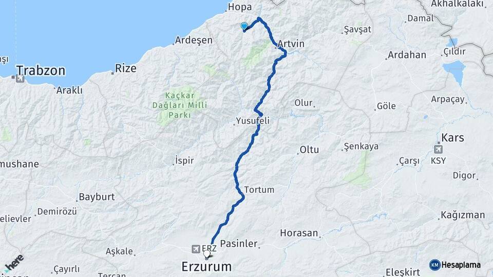 Artvin Murgul Erzurum Arası Kaç Km - Yol Haritası