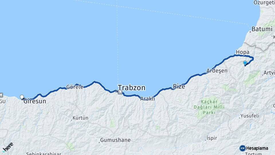 Artvin Murgul Giresun Arası Kaç Km - Yol Haritası