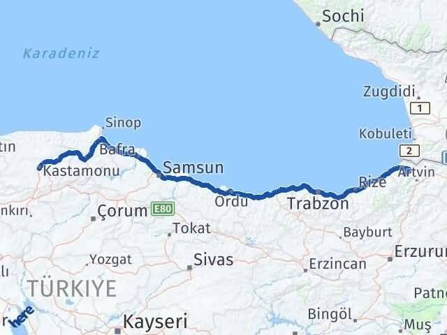Artvin Murgul Kastamonu Arası Kaç Km - Yol Haritası
