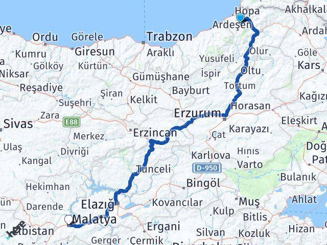 Artvin Murgul Malatya Arası Kaç Km - Yol Haritası