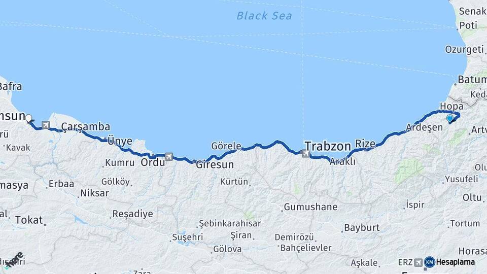 Artvin Murgul Samsun Arası Kaç Km - Yol Haritası