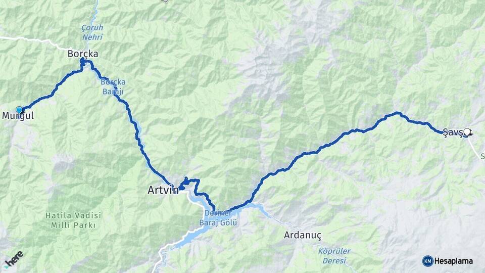 Artvin Murgul Şavşat Arası Kaç Km - Yol Haritası