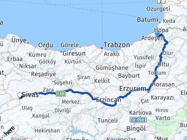 Artvin Murgul Sivas Arası Kaç Km - Yol Haritası