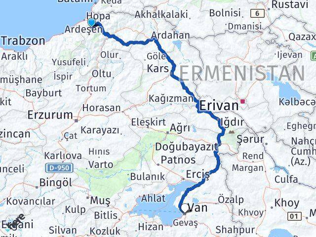Artvin Murgul Van Arası Kaç Km - Yol Haritası