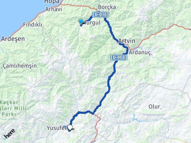 Artvin Murgul Yusufeli Arası Kaç Km - Yol Haritası