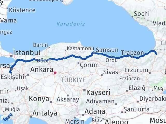 Artvin Orhaneli Bursa Arası Kaç Km - Yol Haritası