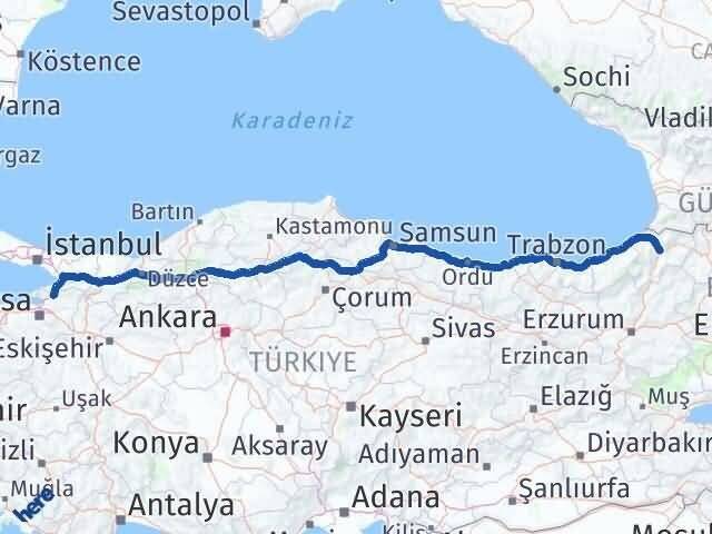 Artvin Orhangazi Bursa Arası Kaç Km - Yol Haritası