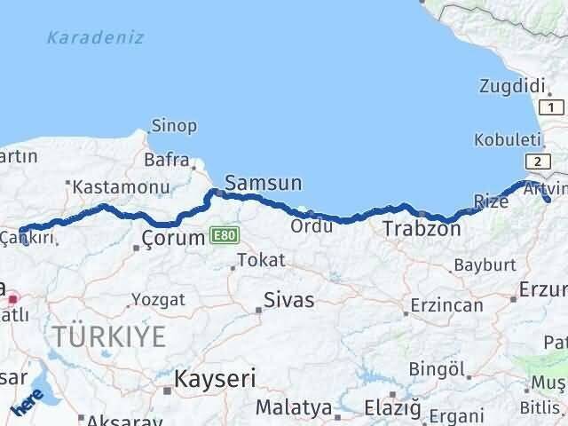 Artvin Orta Çankırı Arası Kaç Km - Yol Haritası