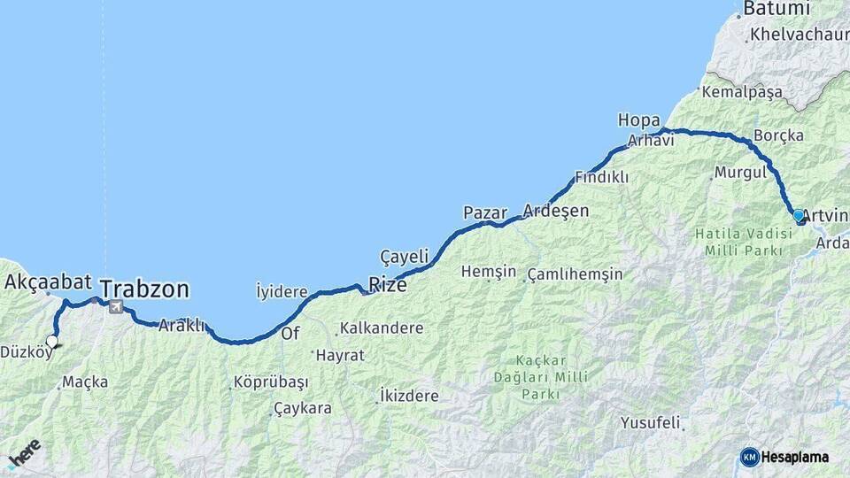 Artvin Ortahisar Trabzon Arası Kaç Km - Yol Haritası