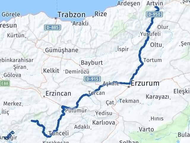 Artvin Ovacık Tunceli Arası Kaç Km - Yol Haritası