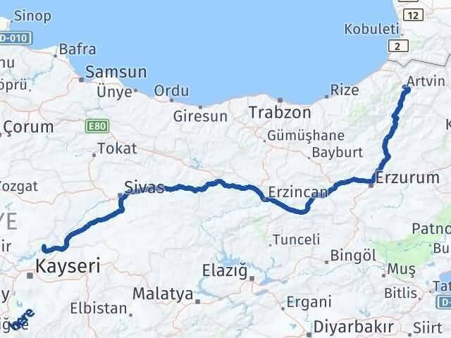 Artvin Özvatan Kayseri Arası Kaç Km - Yol Haritası