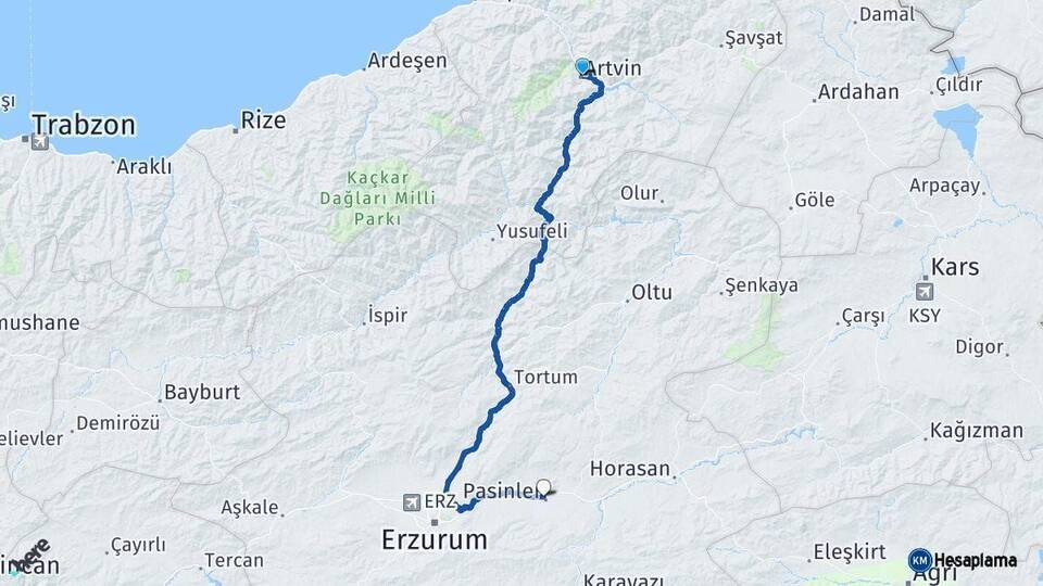 Artvin Pasinler Erzurum Arası Kaç Km - Yol Haritası