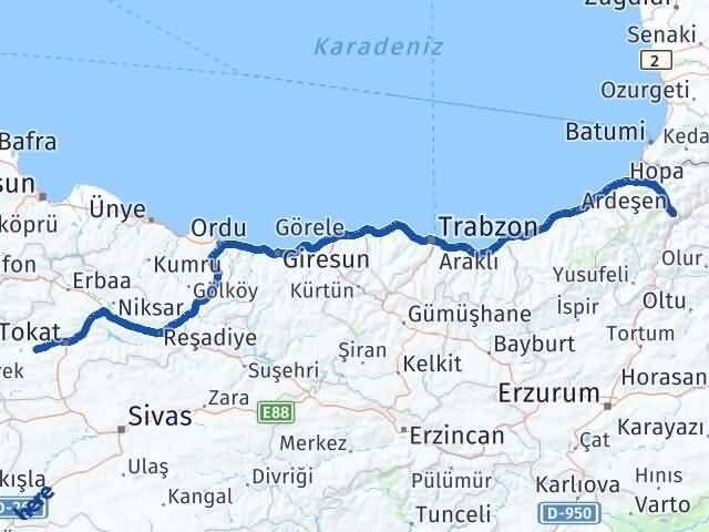 Artvin Pazar Tokat Arası Kaç Km - Yol Haritası