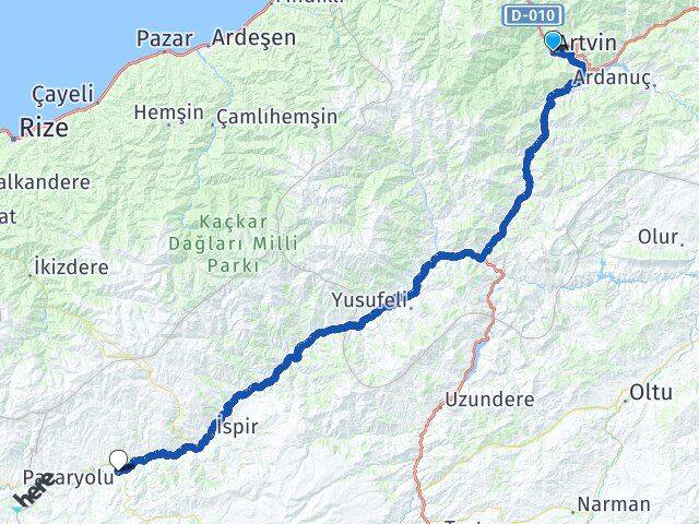Artvin Pazaryolu Erzurum Arası Kaç Km - Yol Haritası
