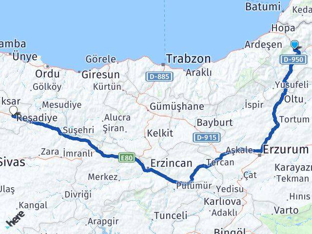Artvin Reşadiye Tokat Arası Kaç Km - Yol Haritası