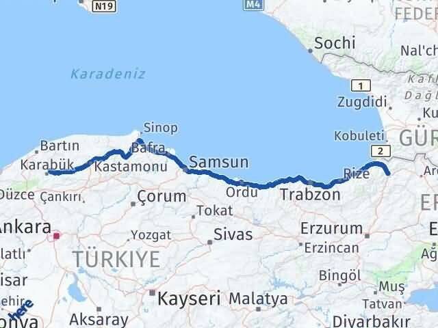 Artvin Safranbolu Karabük Arası Kaç Km - Yol Haritası